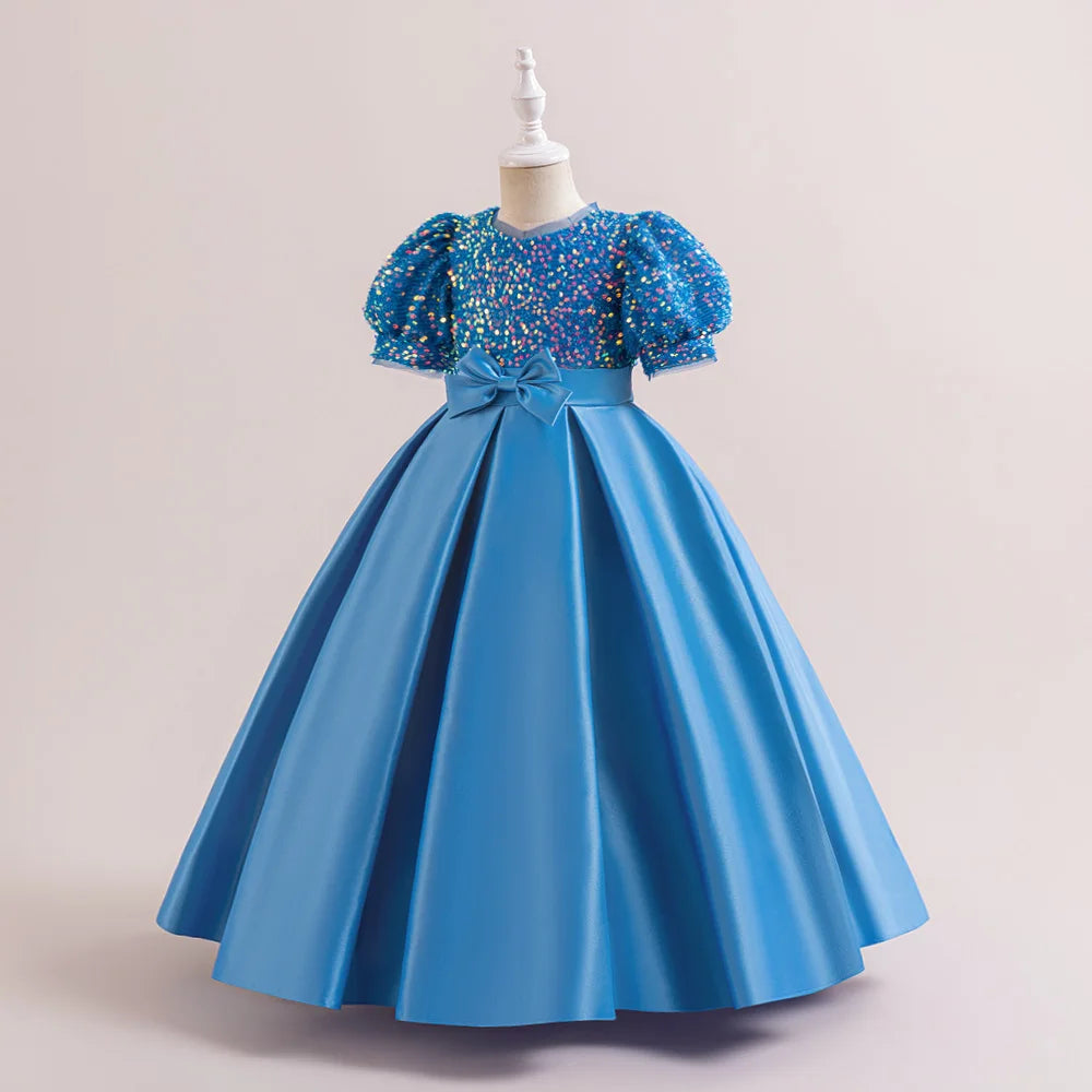 Summer Sequin Bridesmaids Party Girl Dress Elegant Bow Wedding Princess Prom Kids Dress For Girls Gala Birthday Evening Costumes