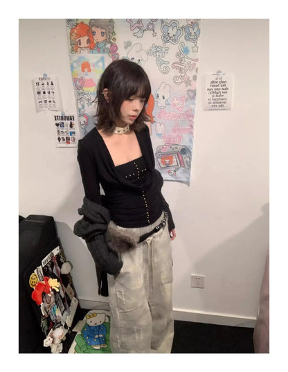 Y2k Japanese T Shirt Women Black Rivet Punk Tops Swing Collar Streetwear Two Pieces Tops American Retro 90s Tshirts