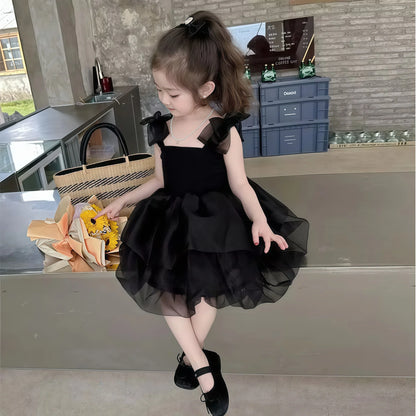 Vestido de tule de festa de princesa de verão com alça de laço, roupa de malha para bebês, vestido de aniversário infantil de manga curta, vestido de tule para meninas de 1 a 6 anos