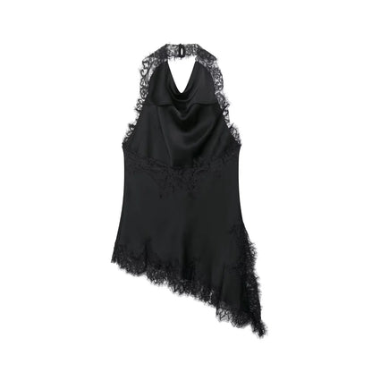 2026 Spring Women Backless Sexy Lace Splicing Halter Neck Top Summer Female Off Shoulder Asymmetrical Satin Camisole