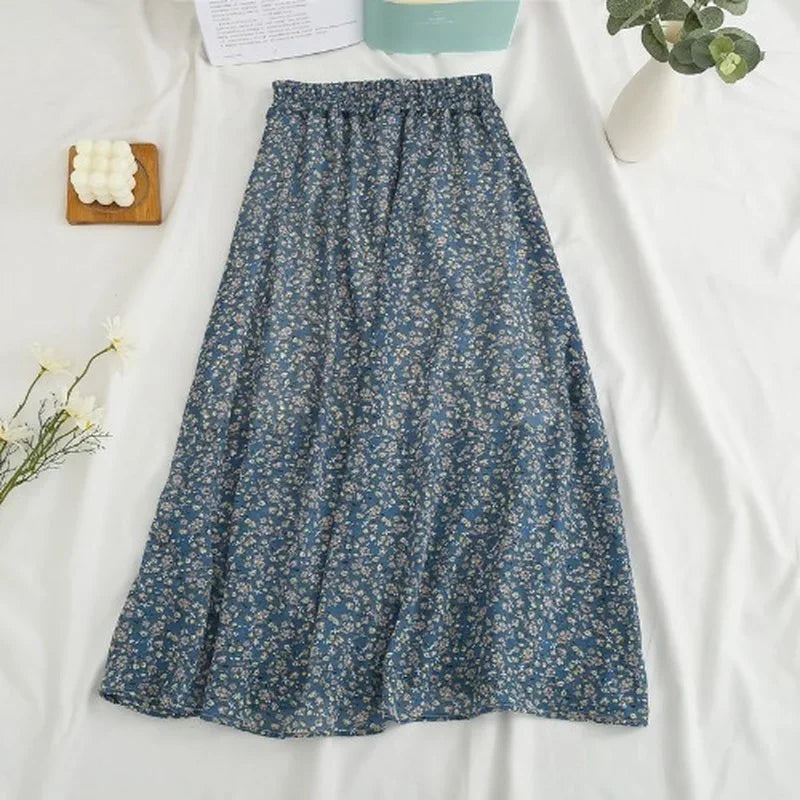 Women's Summer Skirts Vintage Floral Printed Chiffon Skirts High-waisted Elastic Waist Relaxed Mid-length Skirts Beach Skirts