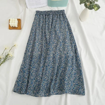 Women's Summer Skirts Vintage Floral Printed Chiffon Skirts High-waisted Elastic Waist Relaxed Mid-length Skirts Beach Skirts