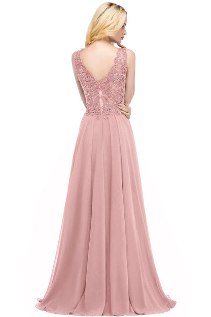 Navy Blue Evening Dresses Women V Neck Lace Appliques Beaded A Line Skirt Chiffon Prom Party Bridesmaid Gowns