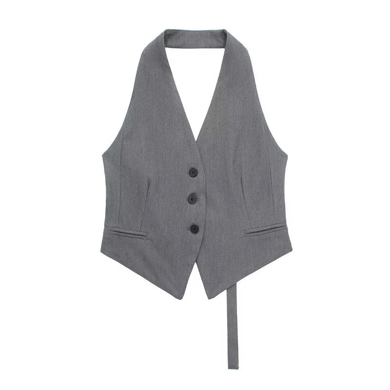 2025 Women New Style Blouse Summer Hot Sell Women's Vest Fashion Sexy Hanging Neck Polyester Fiber Vest Buckle Ribbon Style