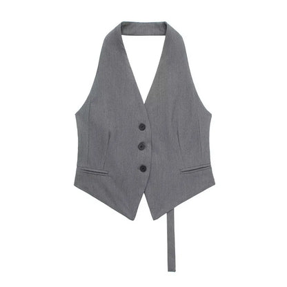 2025 Women New Style Blouse Summer Hot Sell Women's Vest Fashion Sexy Hanging Neck Polyester Fiber Vest Buckle Ribbon Style