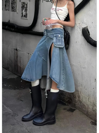 Summer Women Midi Skirt Split Harajuku Denim Skirt Gyaru 2000s Aesthetic Japanese Abi Y2k Korean Sexy Kpop Coquette Design New