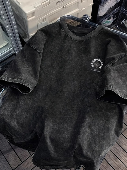 Men's Summer Washed Black T-shirt with Fun Pattern Printing Comfortable, Soft, Breathable, Daily Fashionable Casual Top