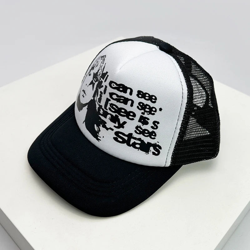 New American Style Men Women Cruise Printed Anime Letter Half Mesh Caps Sunshade Breathable Baseball Hats Versatile Fashion Cute