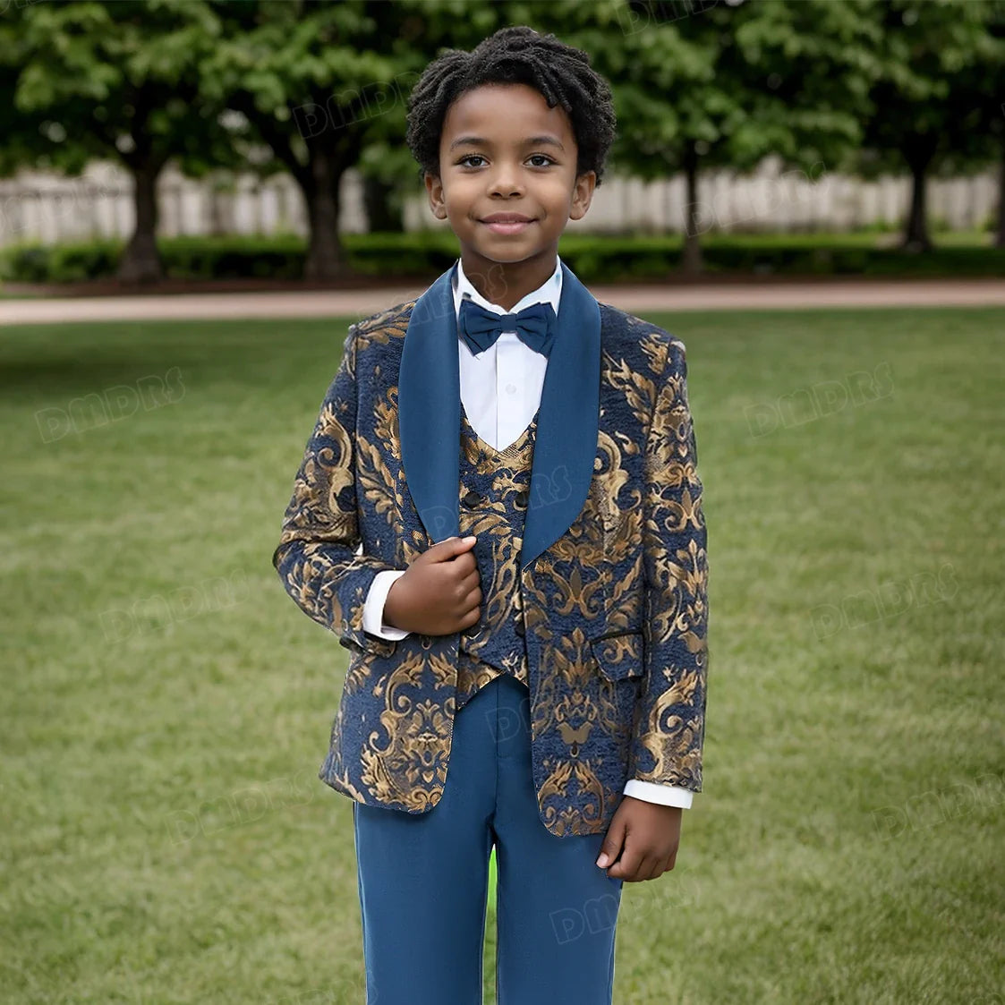 Paisley Slim-Fit Suit Set for Boys with Black or Navy Collar for Weddings