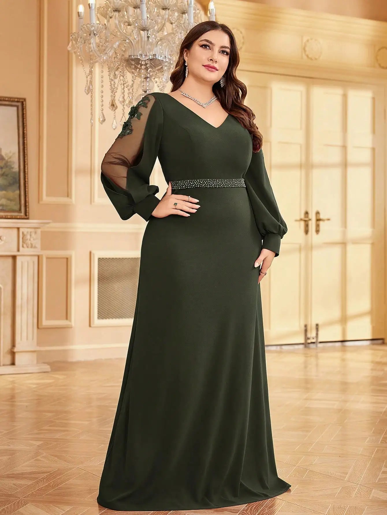 Plus Size Luxury V-Neck Red Long Sleeves Applique Formal Evening Dresses Women V-back Wedding Party Maxi Guest Gowns