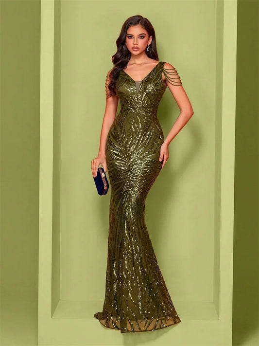 Elegant V-Neck Beading Green Sequin Evening Dress Long New Luxury Women Formal Mermaid Party Prom Cocktail Gowns