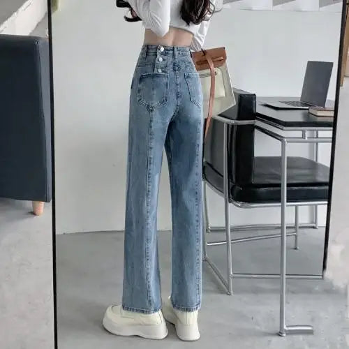 Vintage Autumn Spring Fashion Female Solid High Waist Jeans