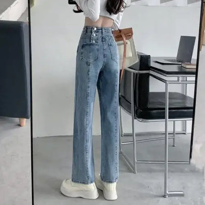 Vintage Autumn Spring Fashion Female Solid High Waist Jeans