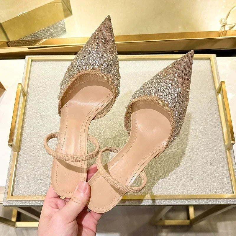 Luxury Designer Shiny Rhinestone High Heels Shoes for Women Summer Sexy Pointed Toe Pumps Elegant Slingbacks Heeled Sandals