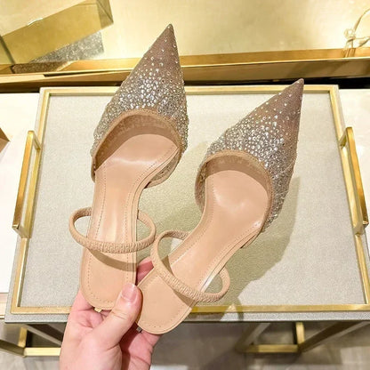 Luxury Designer Shiny Rhinestone High Heels Shoes for Women Summer Sexy Pointed Toe Pumps Elegant Slingbacks Heeled Sandals