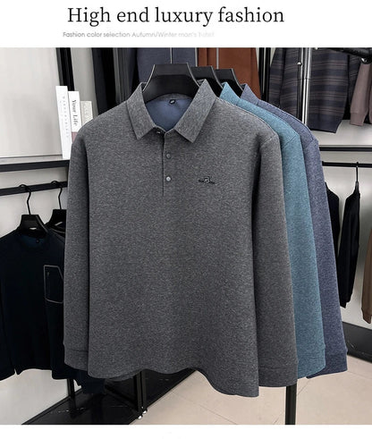 Fashion brand men's long sleeve polo shirt soft plush warm comfort new letter embossed solid color business casual lapel T-shirt