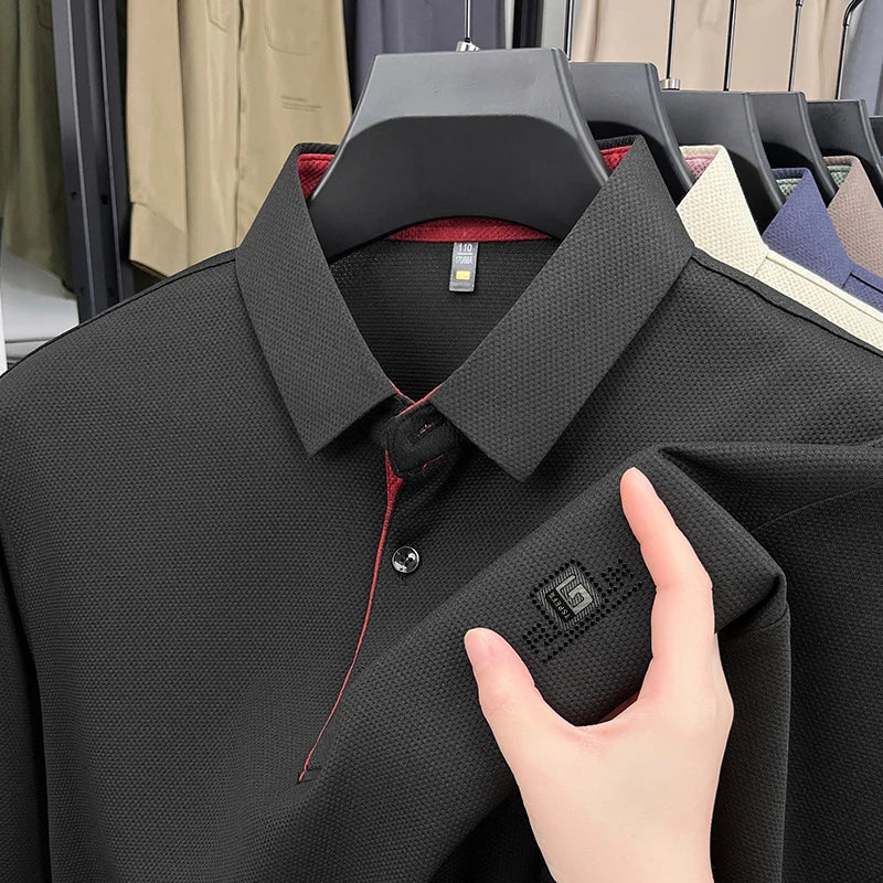 High End Brand Quality Men's Polo Shirt Autumn Exquisite Solid Color Letter Print Lapel Long Sleeve Business Classic Menswear