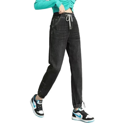 Women's Elastic Waist Denim Pants Cuffed Trendy Jeans