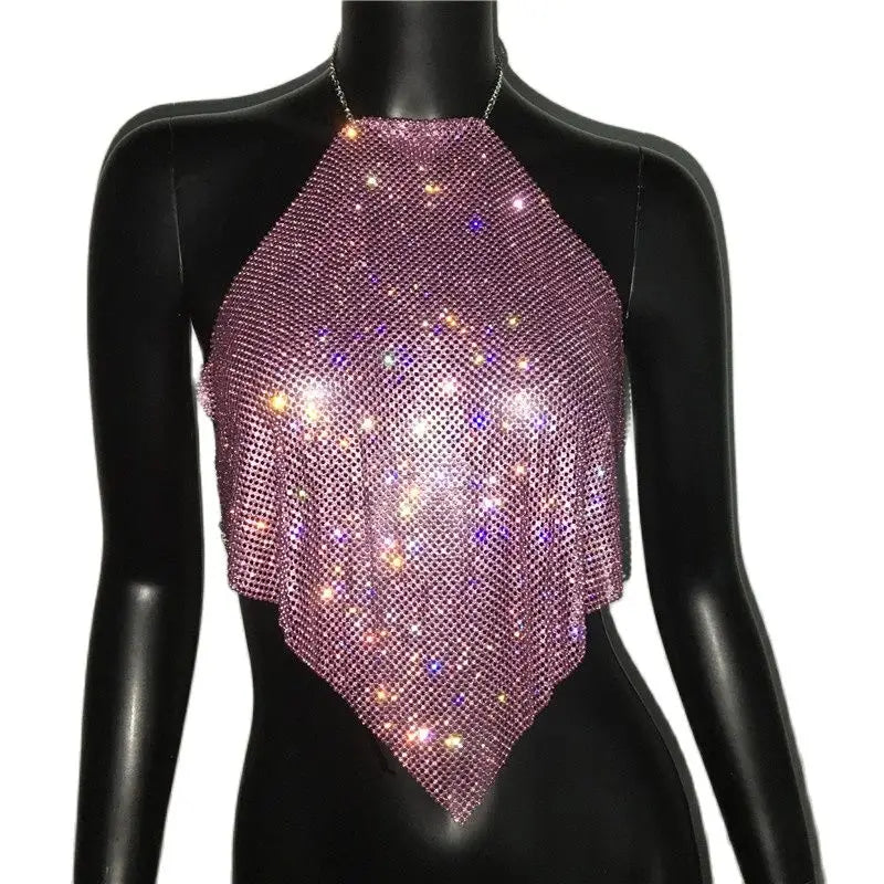 Fashion Summer Backless Tank Top Women Shiny Rhinestone Metal Sequins Halter Neck Camisole Rave Festival Party Crop Tops