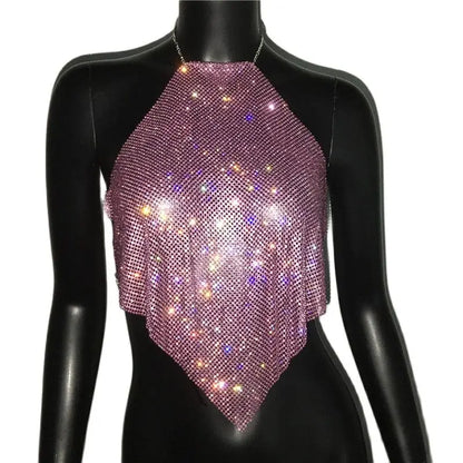Fashion Summer Backless Tank Top Women Shiny Rhinestone Metal Sequins Halter Neck Camisole Rave Festival Party Crop Tops