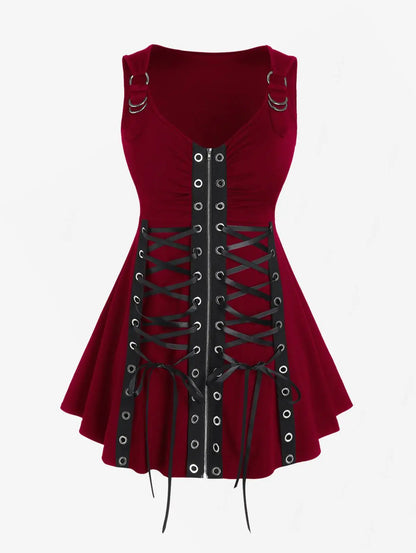Plus Size Gothic Full Zipper Grommets Camis Tops Buckle Strap Plaid Vest Women Summer Sweetheart Neck Empire Waist Tanks