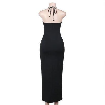 Mesh Patchwork Halter Neck Dresses for Women Sexy Lace-up Backless See-through Evening Dress Sleeveless Backless Long Party Robe