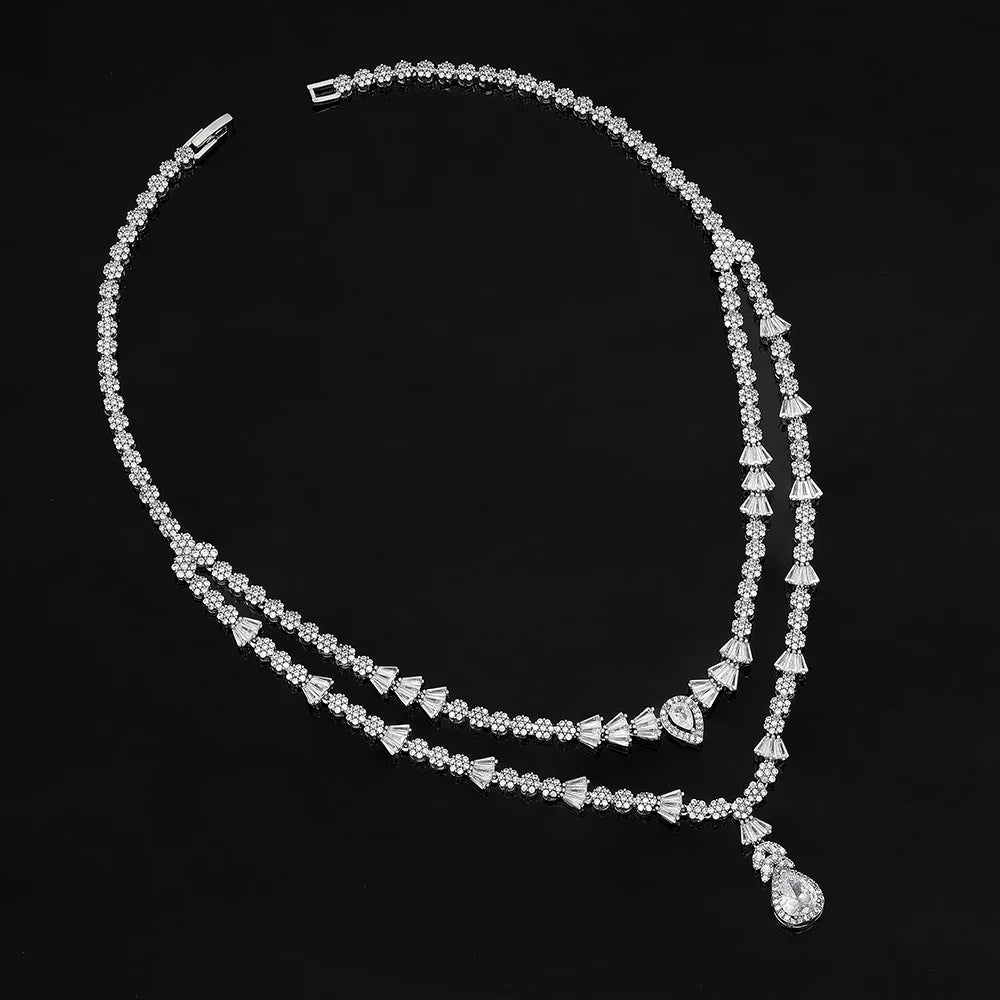 Double Layers Necklace Earring 4 Pieces Sets Luxury Cubic Zirconia Dubai Nigeria Wedding Bridal Jewelry Sets