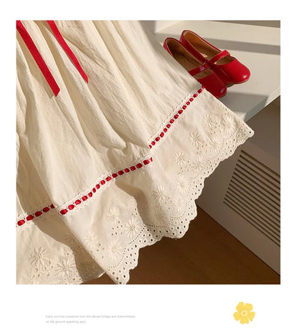 Kid Girl Exquisite Dress Ruffled Lace Collar Trimmed in Red Ribbon Red Dotted Lace Cut Out Embroidery on The Skirt for Children
