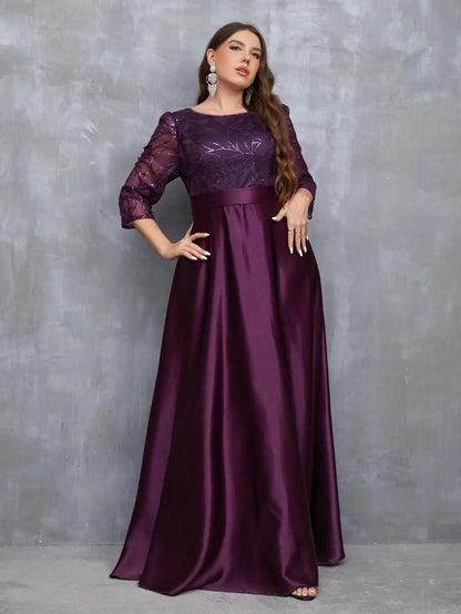 Neck long sleeve sequin patchwork satin long gown ball dress Party dress Bridesmaid dress