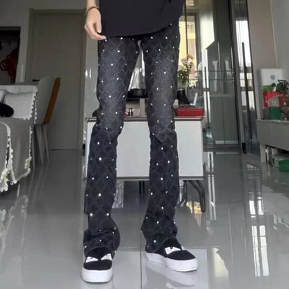 Autumn and Spring New Fashion Trend Retro High Street Printed Elastic Denim Pants Men's Casual Sports High Quality Jeans