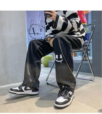Harajuku Smile Print Baggy Pants Men Streetwear Wide Leg Oversize Jeans Vintage Y2k Straight Long Trousers Male 2024 Fashion