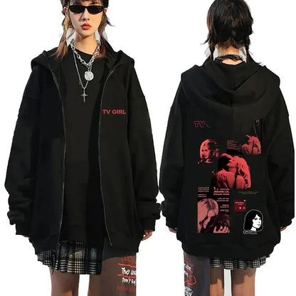 TV Girl Who Really Cares Graphic Print Zipper Hoodie Men Women Fashion Casual Oversized Zip Up Jacket Male Fleece Sweatshirts
