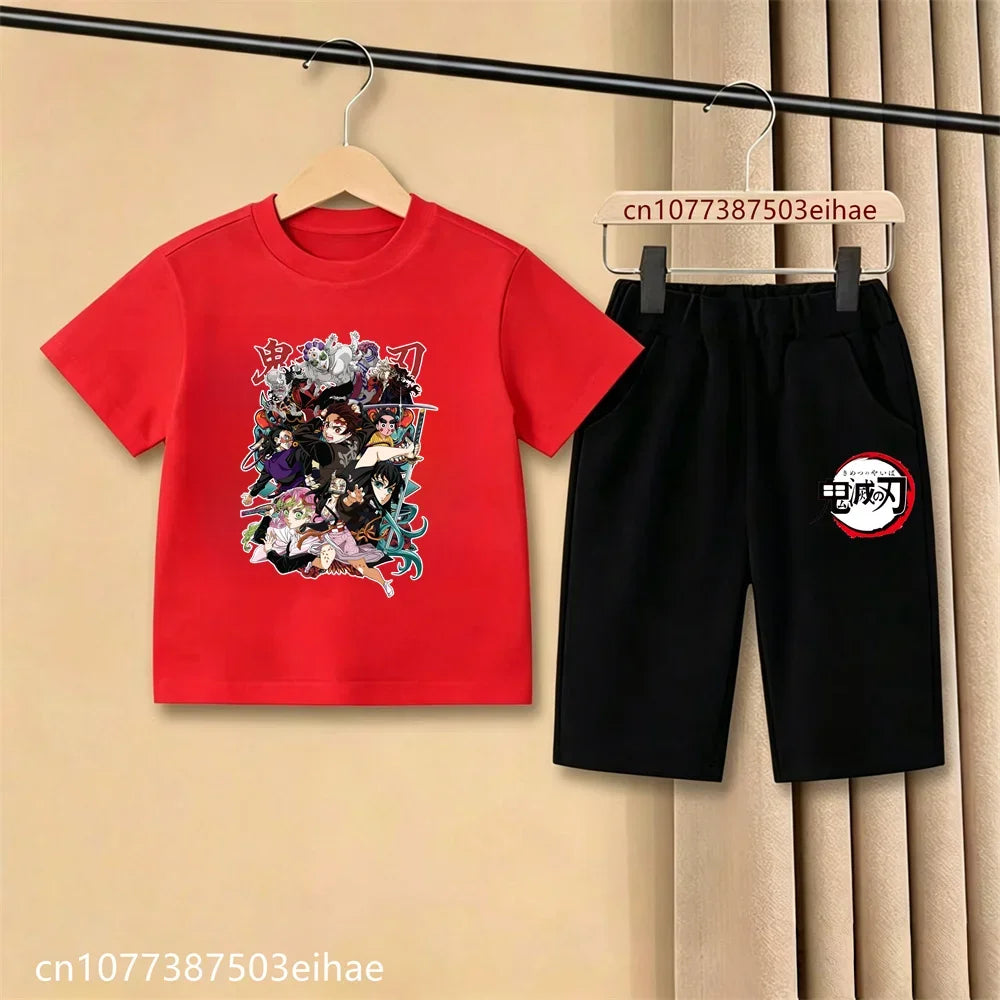 Demon Slayer Ghost Blade Character Print Kids T-Shirt Casual Shorts Anime Comic Design Summer Comfortable Daily Wear Outfit Set