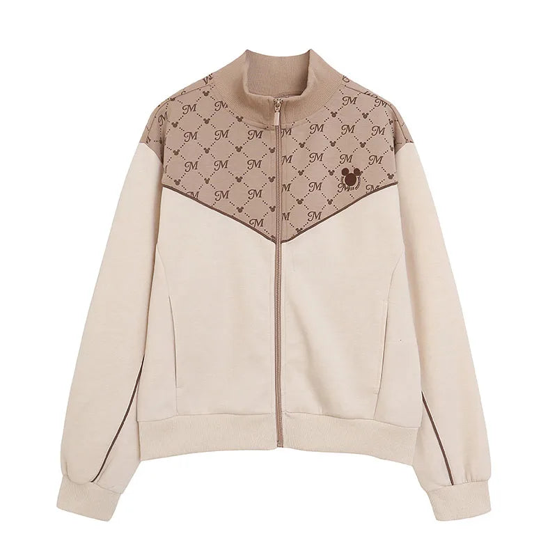 Embroidery Zip Up Sweatshirt Women Casual Stand Collar Bomber Jacket Patchwork Contrast Color Jumper Outwear Top