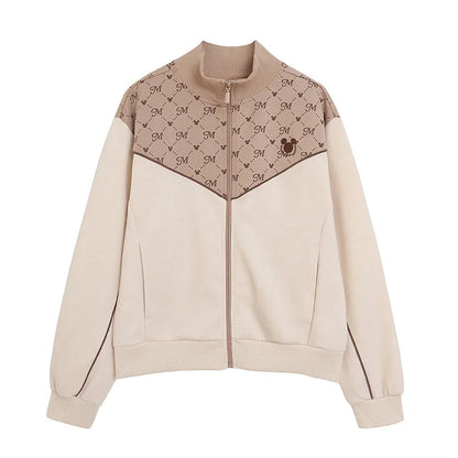 Embroidery Zip Up Sweatshirt Women Casual Stand Collar Bomber Jacket Patchwork Contrast Color Jumper Outwear Top