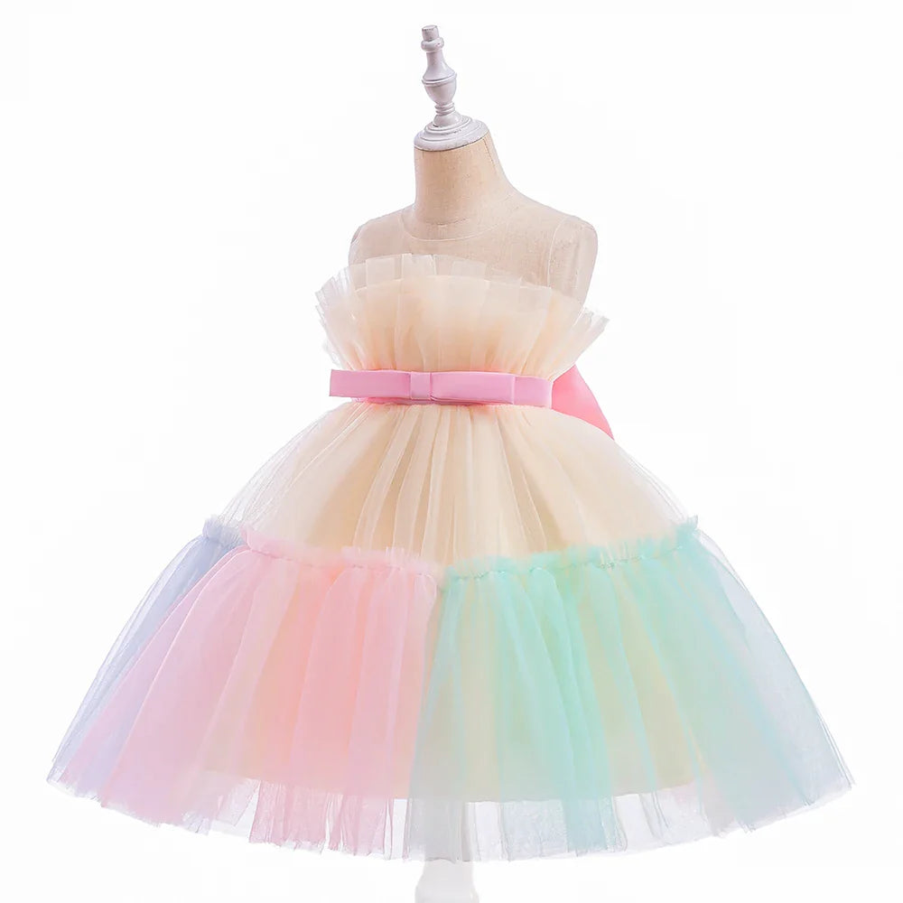 Summer Ruffles Bridesmaids Party Girls Dress Elegant Bow Wedding Birthday Princess Dresses Girl Tulle Pageant Evening Costumes