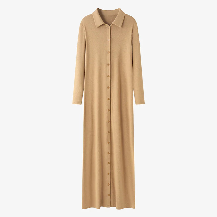 maxi dress button design woman clothes full sleeve Ankle Length comfortable ribbing clothing  ( Ship out in 1 day)