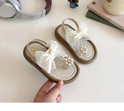 Summer Girl's Sandals Clip-toe Bowknot Elastic Band Soft Sole Kids Sliders Beautiful Pu Leather Chunky Morden Children Shoes