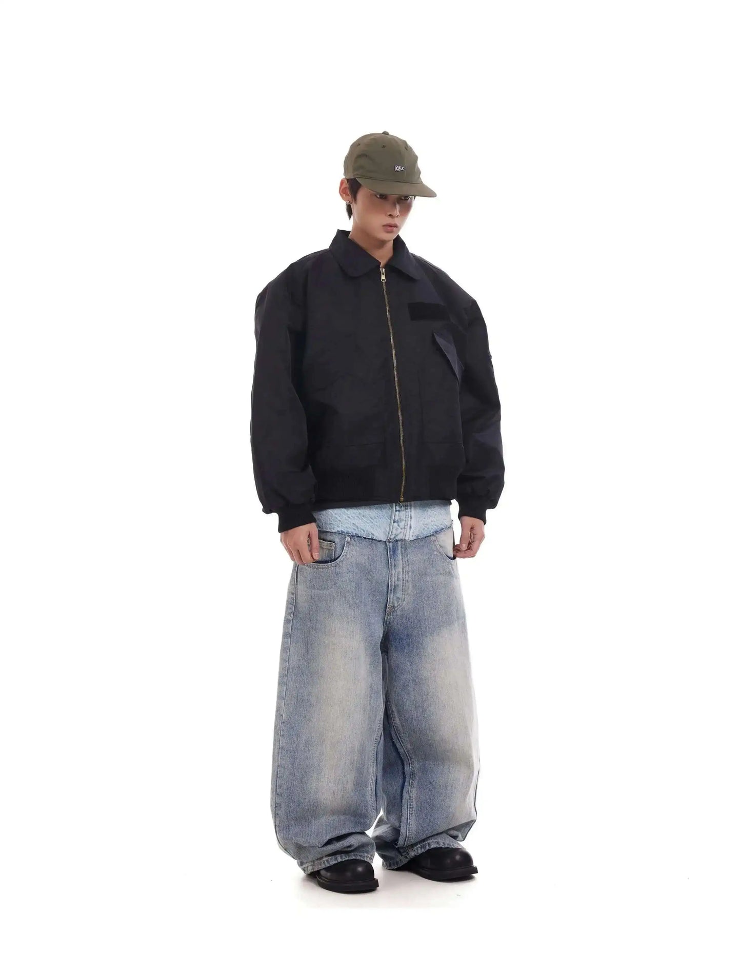 Niche Colorblock Patchwork Wide Leg Blue Jeans Men's Spring 2025 New Straight Double Waist Design Denim Trousers 28W6048