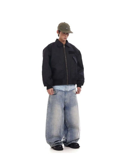Niche Colorblock Patchwork Wide Leg Blue Jeans Men's Spring 2025 New Straight Double Waist Design Denim Trousers 28W6048