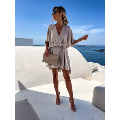 Women's S-XL size Commuter Dress Fashion V-neck Short Sleeved Solid Satin Loose Dress Leisure Vacation Party Women's Dress