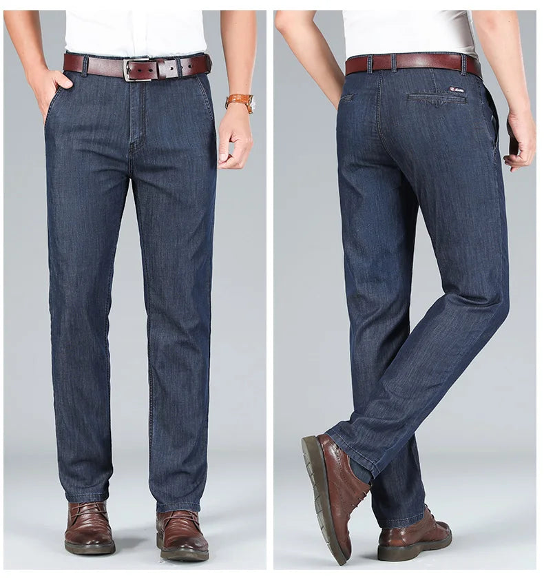 2026 Brand High Lyocell  Men's Fit Straight Lightweight Cotton Stretch Denim Business Casual High Waist Thin Light Grey Jeans