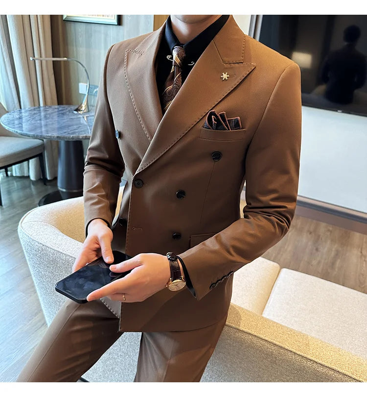 (Jackets+Pants) Luxury Double Breasted Design Slim Fit Suit High Quality Fashion Men's Wedding Social Suit Tuxedo 2 Piece Set