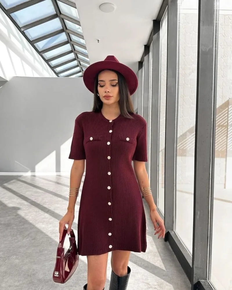 Elegant Knit Mini Dress Women Street Slim High Waist Short Sleeve Rib Sweater Dresses Vacation Bodycon Knitwear Dress