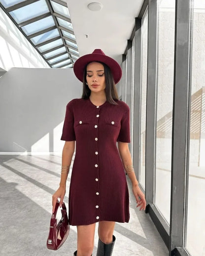 Elegant Knit Mini Dress Women Street Slim High Waist Short Sleeve Rib Sweater Dresses Vacation Bodycon Knitwear Dress