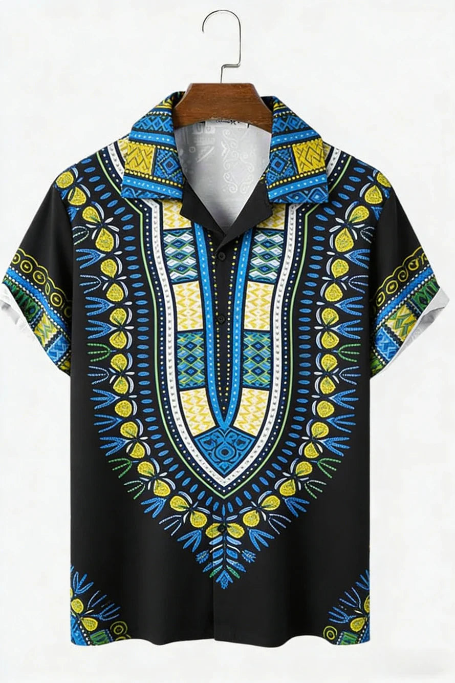 Men's New Linen Ethnic Tribal Style 3D Printed Shirt Hawaiian Tropical Breathable Comfortable Short-sleeved Lapel Clothes Men'S