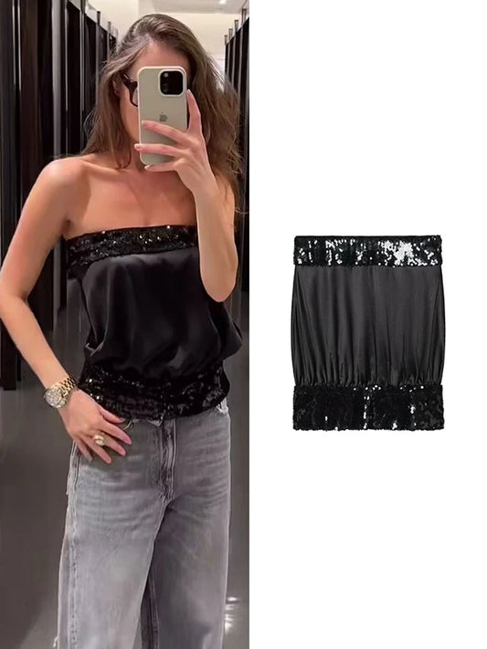 Chic Sequins Strapless Top For Women Holiday Party Tube Tops Chic Off Shoulder Fashion Solid Summer New Ladies Club Wear