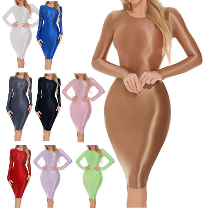 Womens Oil-shiny Bodycon Dress Long Sleeve Hip Wrap Sleep Dress Sexy Nightwear for Clubwear Performance Cocktail Party Costume