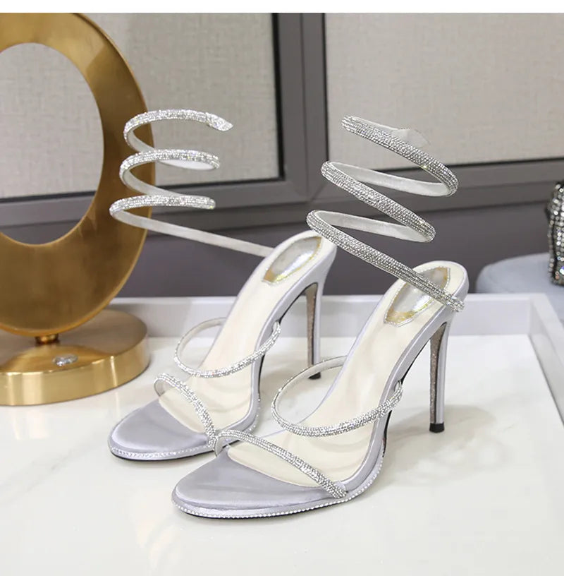 Luxury Rhinestones Snake Coiled Stiletto Heeled Women Gladiator Sandals 2024 Summer Silver Sole High heels Banquet Wedding Shoes