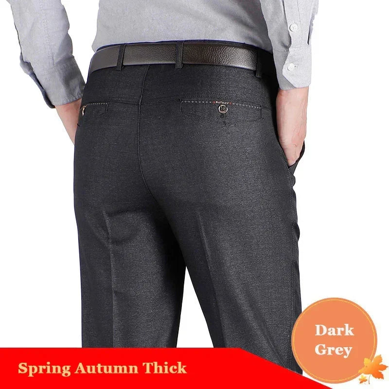 New Arrival Mens Casual Business Pants Man Mid Full Length Soft Trim Brand Trousers Regular Straight Black Grey Large Size 28-40